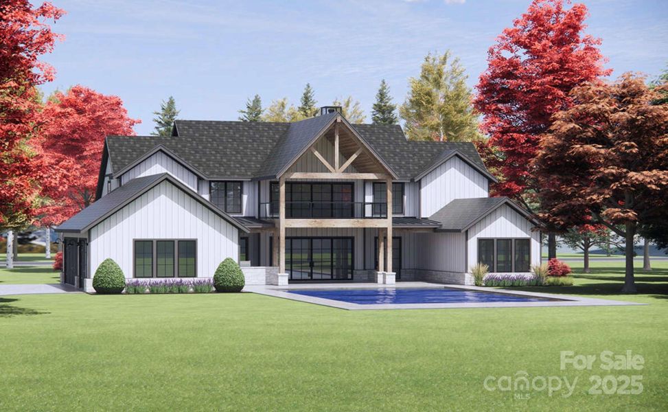 Natural wood posts and trusses under the center gable bring warmth and a touch of rustic flair to the modern exterior. (2nd-story porch and pool not included).