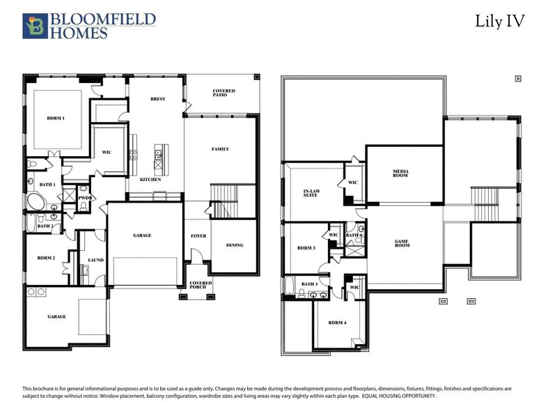 Bloomfield Homes Lily IV two-story floor plan with four bedrooms, game room, media room, and two-car garage.