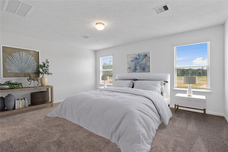 Come and unwind after a long day in this magnificent primary suite! This spacious room features plush carpet, warm paint, high ceilings and large windows with privacy blinds.