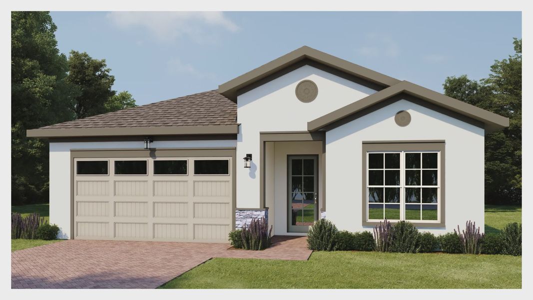 Representative exterior photo of a completed home built from the Eola II by Jones Homes USA in Reserve at Twin Lakes, St. Cloud, FL (Image 8). Representative exterior photo of a completed home built from the Eola II by Jones Homes USA in Reserve at Twin Lakes, St. Cloud, FL (Image 8).