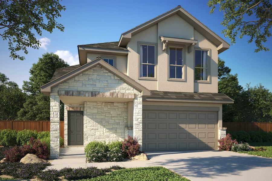 Front exterior of a new home in Porter Country, Buda, TX, highlighting curb appeal (Image 3).