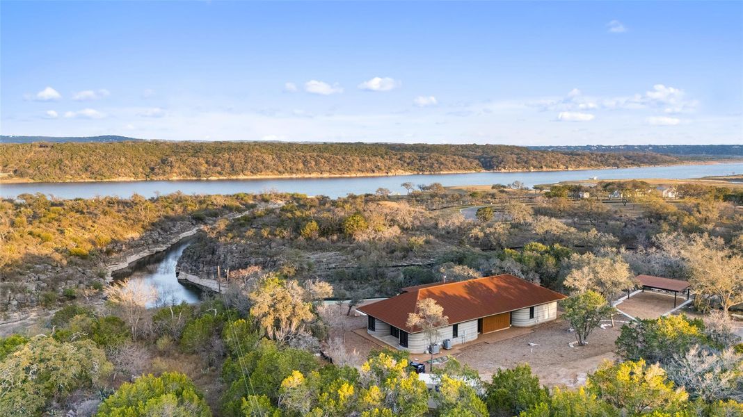 Aerial view featuring Lake Travis