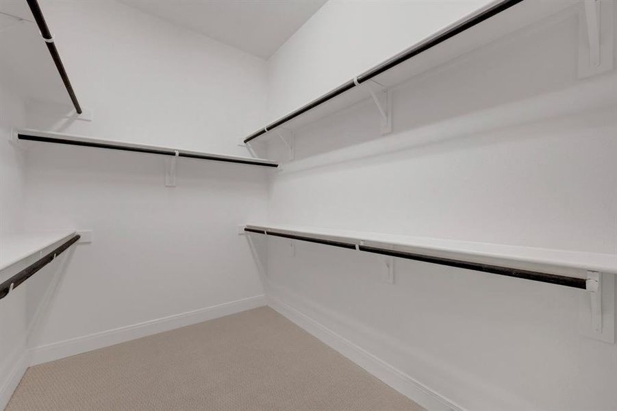 Walk in closet with light colored carpet