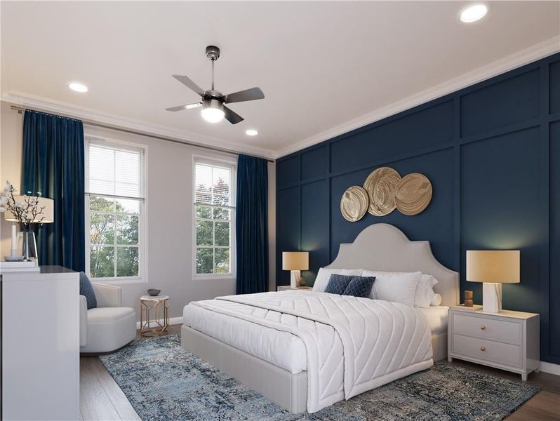 A beautiful primary suite with an added sitting area, not shown in the photo. **Please note photos shown are renderings of the floorplan and are not actual photos of the home.