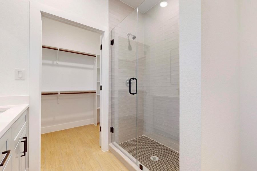 Full bathroom with vanity, a spacious closet, light wood-type flooring, and a stall shower