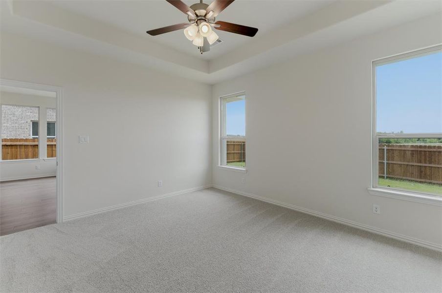 Carpeted room featuring a tray ceiling with a ceiling fan, multiple windows, and baseboard molding