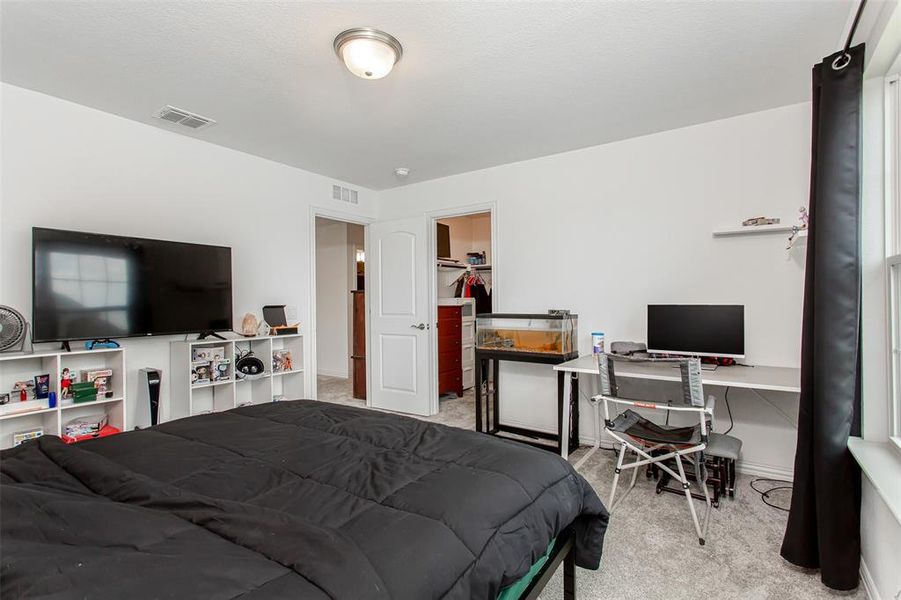 Bedroom featuring carpet floors, a spacious closet, and a desk