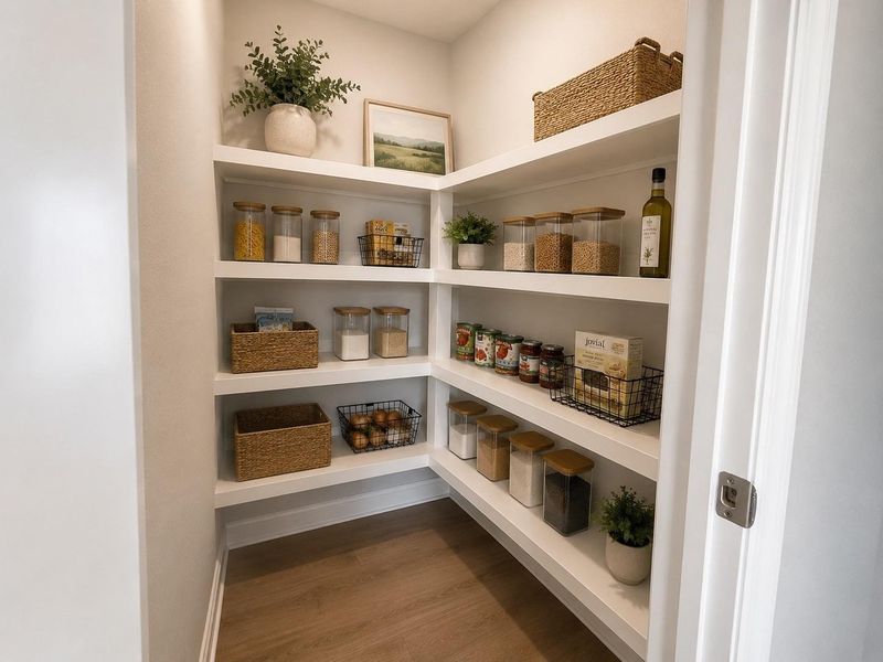 Large walk-in pantry. Virtual staging for reference only to showcase the floor plan potential. Large walk-in pantry. Virtual staging for reference only to showcase the floor plan potential.