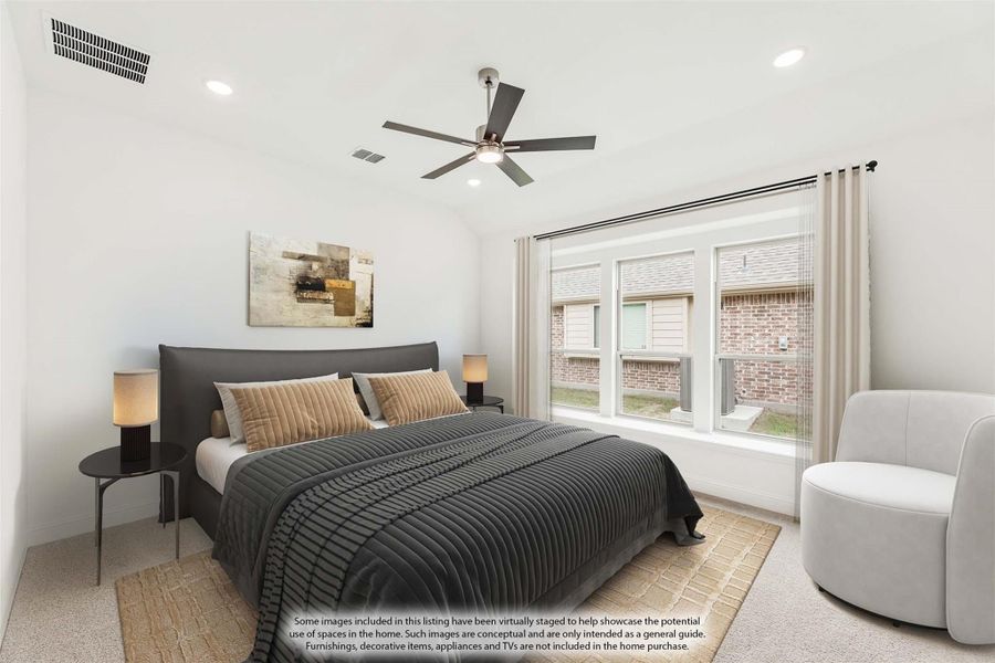 Bedroom with ceiling fan, large windows, carpet flooring, and vaulted ceiling in a virtually staged room Bedroom with ceiling fan, large windows, carpet flooring, and vaulted ceiling in a virtually staged room