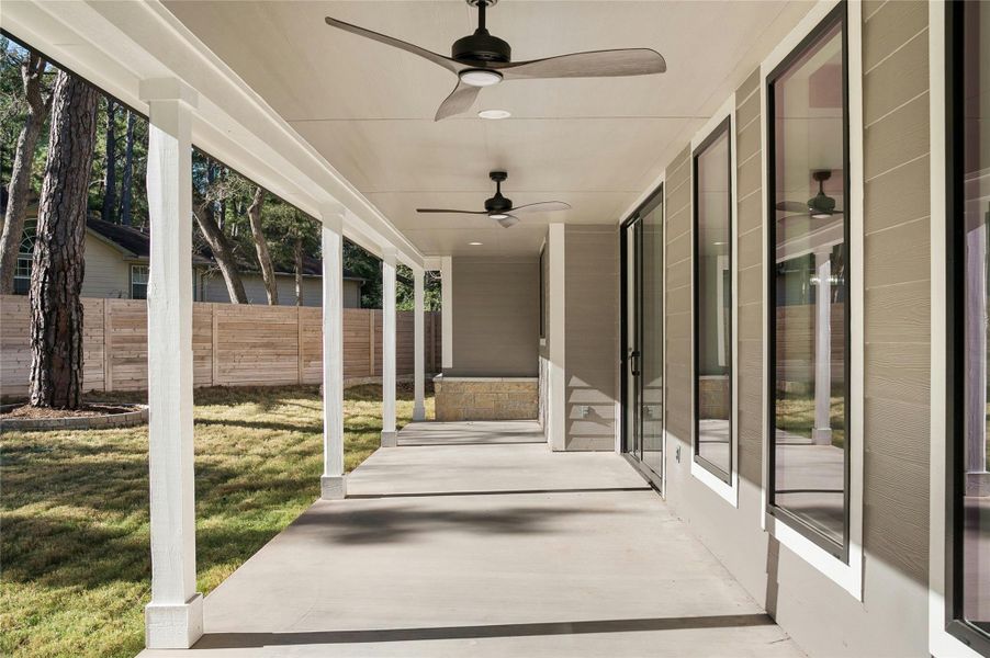 View of patio with ceiling fan