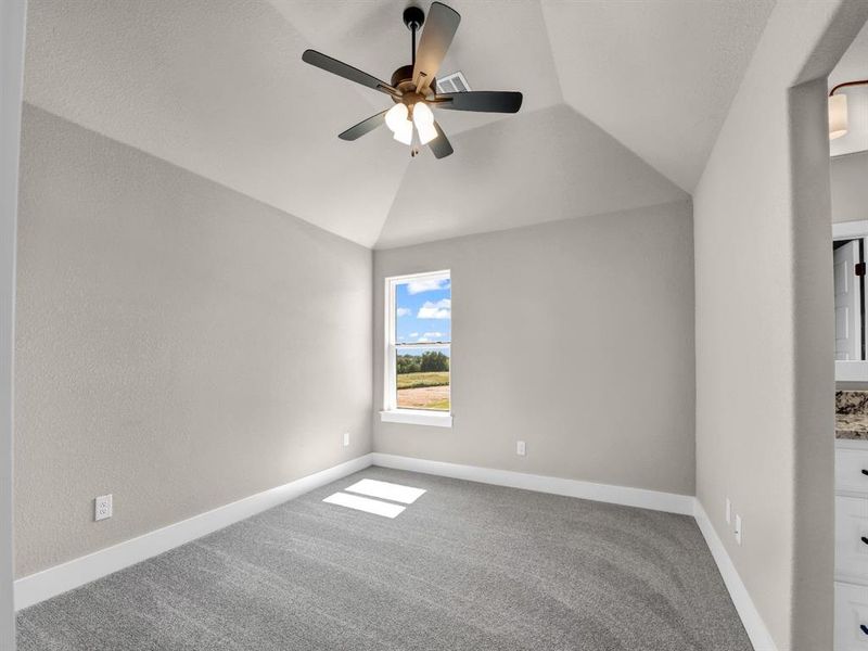 Spare room featuring carpet, a ceiling fan, and vaulted ceiling