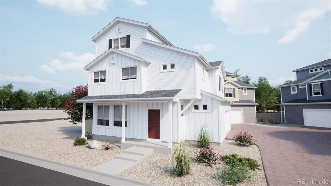 Front exterior of a new home in Muegge Farms, Bennett, CO, highlighting curb appeal (Image 1).