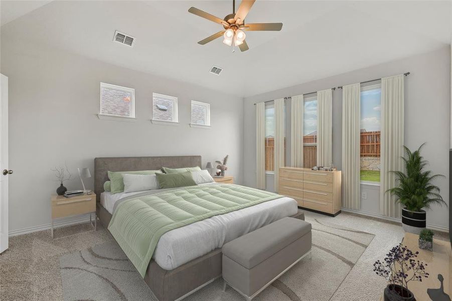 Bedroom featuring light carpet and ceiling fan