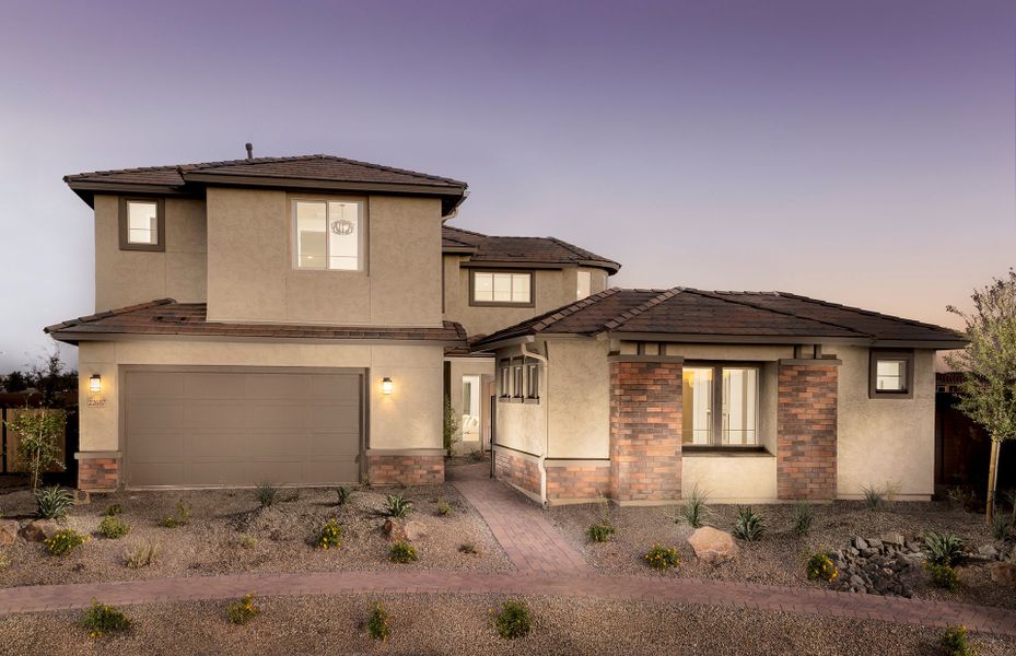 Front exterior of a new home in Harvest - Enchantment Series, Queen Creek, AZ, highlighting curb appeal (Image 1). Front exterior of a new home in Harvest - Enchantment Series, Queen Creek, AZ, highlighting curb appeal (Image 1).