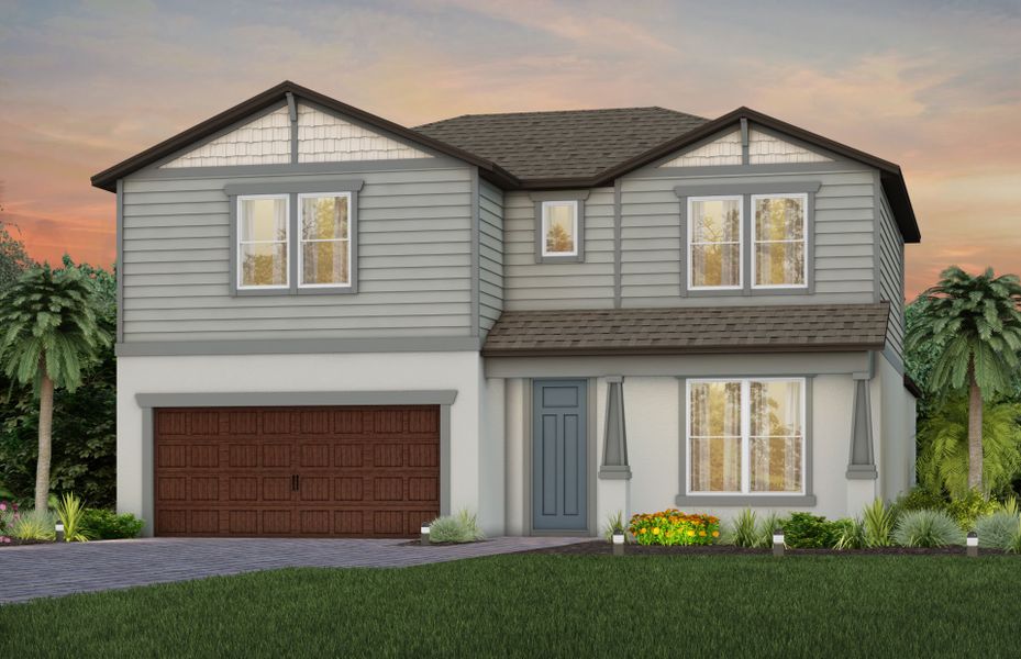 Front exterior of a new home in Vida's Way, Wesley Chapel, FL, highlighting curb appeal (Image 2). Front exterior of a new home in Vida's Way, Wesley Chapel, FL, highlighting curb appeal (Image 2).