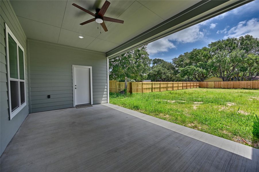Summer hot will be ok in this shady covered patio with ceiling fan.
