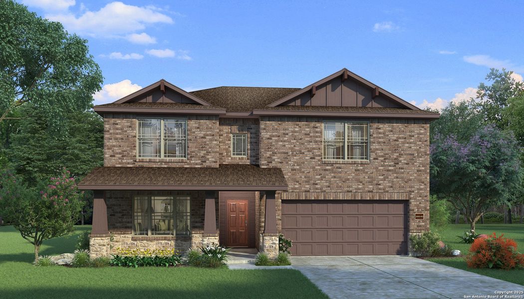 Front exterior of a new home in Vista Ridge, Live Oak, TX, highlighting curb appeal (Image 1). Front exterior of a new home in Vista Ridge, Live Oak, TX, highlighting curb appeal (Image 1).