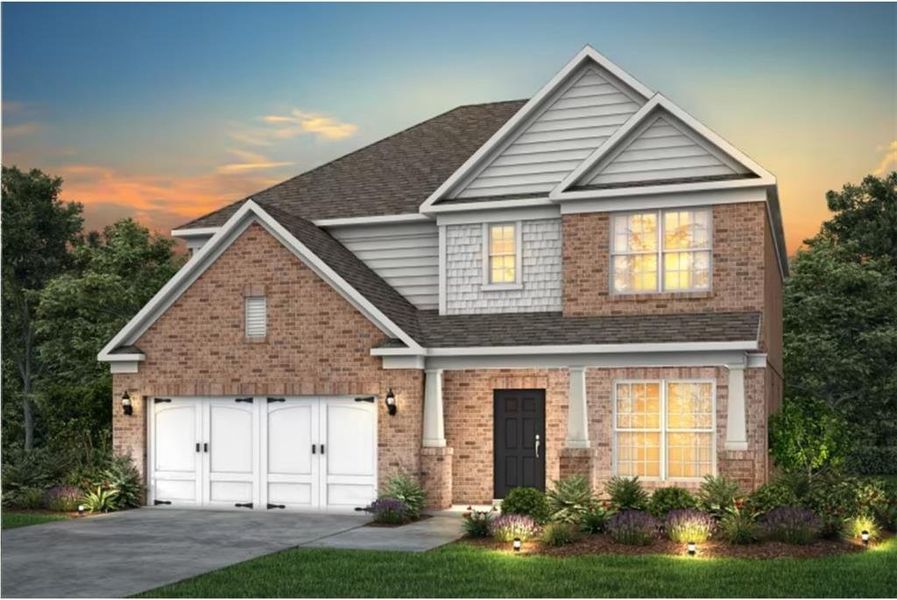 Front exterior of a new home in Sierra Creek, Hoschton, GA, highlighting curb appeal (Image 1).