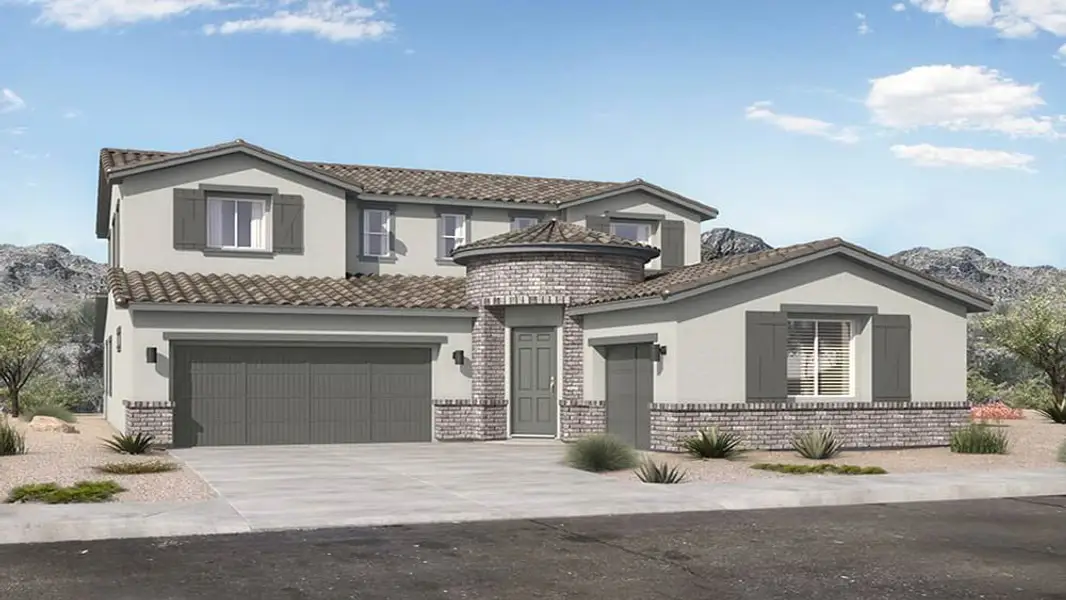 Front exterior of a new home in Rancho Mercado, Surprise, AZ, highlighting curb appeal (Image 1). Front exterior of a new home in Rancho Mercado, Surprise, AZ, highlighting curb appeal (Image 1).