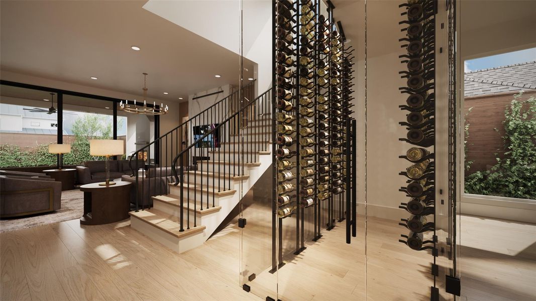 Rendering-Wine room and stairs. Rendering-Wine room and stairs.