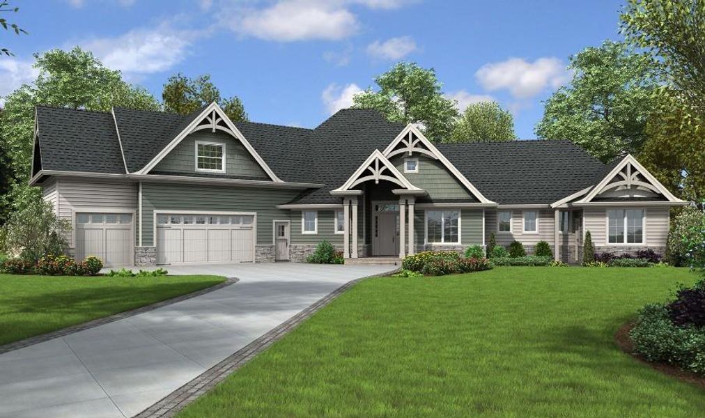 Craftsman house featuring stone siding, concrete driveway, and a front lawn Craftsman house featuring stone siding, concrete driveway, and a front lawn