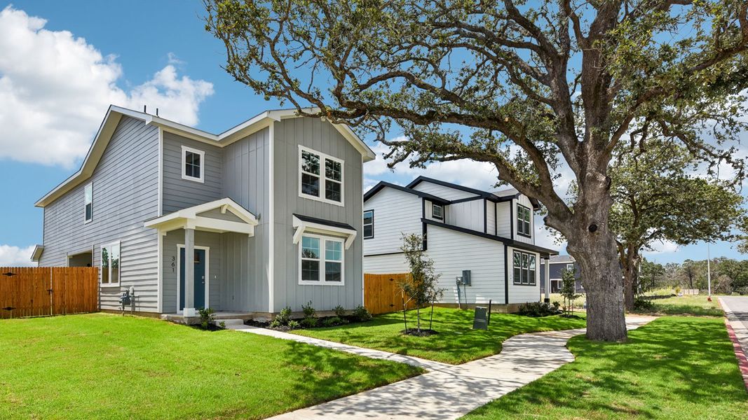 Front exterior of a new home in Valverde, Bastrop, TX, highlighting curb appeal (Image 21).
