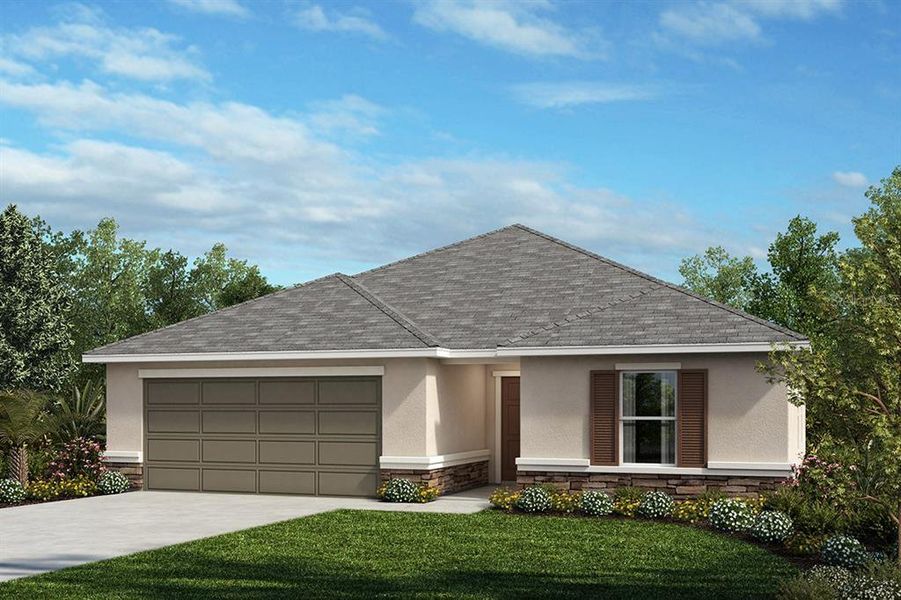 Front exterior of a new home in Creekside at Rutland Ranch, Parrish, FL, highlighting curb appeal (Image 1).