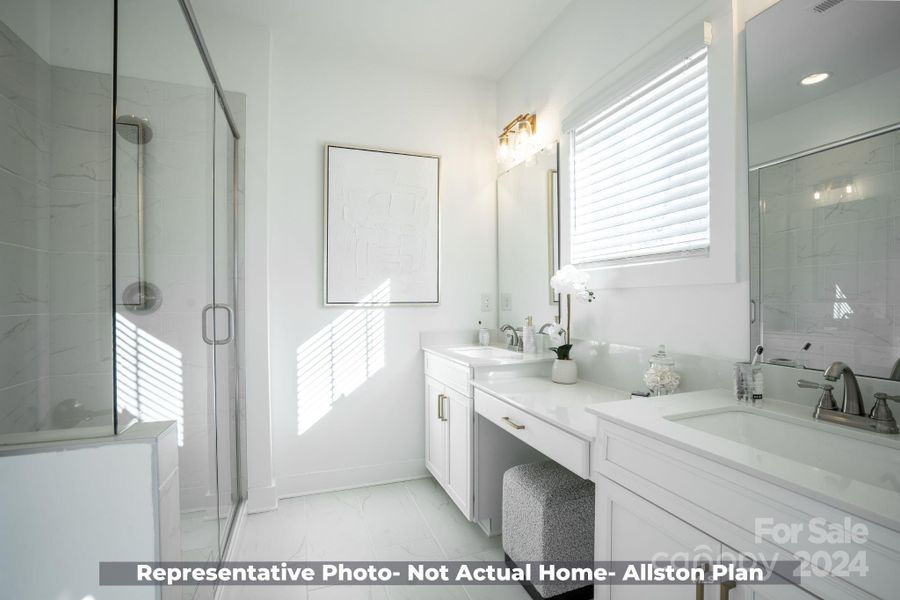 Primary Bathroom with double vanities and tiled bench shower-Allston Plan