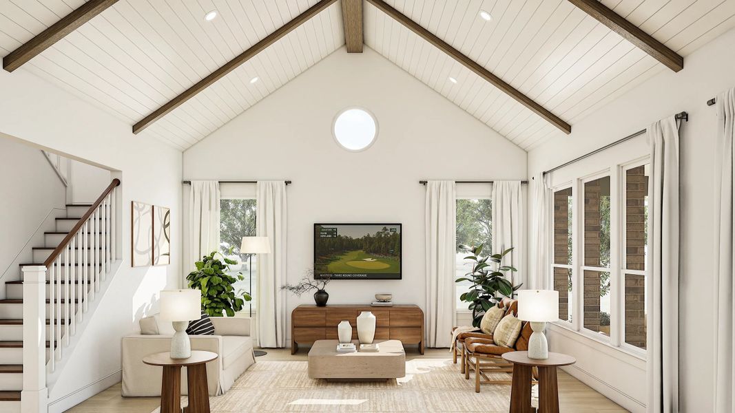 Great room with shiplap and stained ceiling beams Great room with shiplap and stained ceiling beams