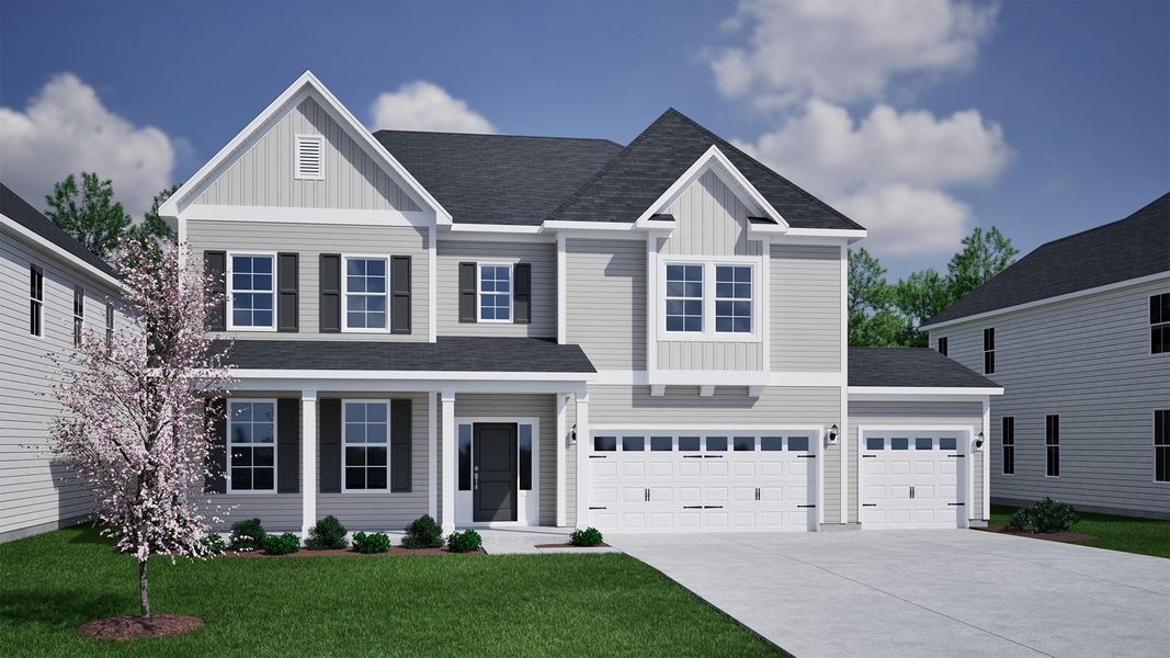Front exterior of a new home in Timberland Grove, Anderson, SC, highlighting curb appeal (Image 1).
