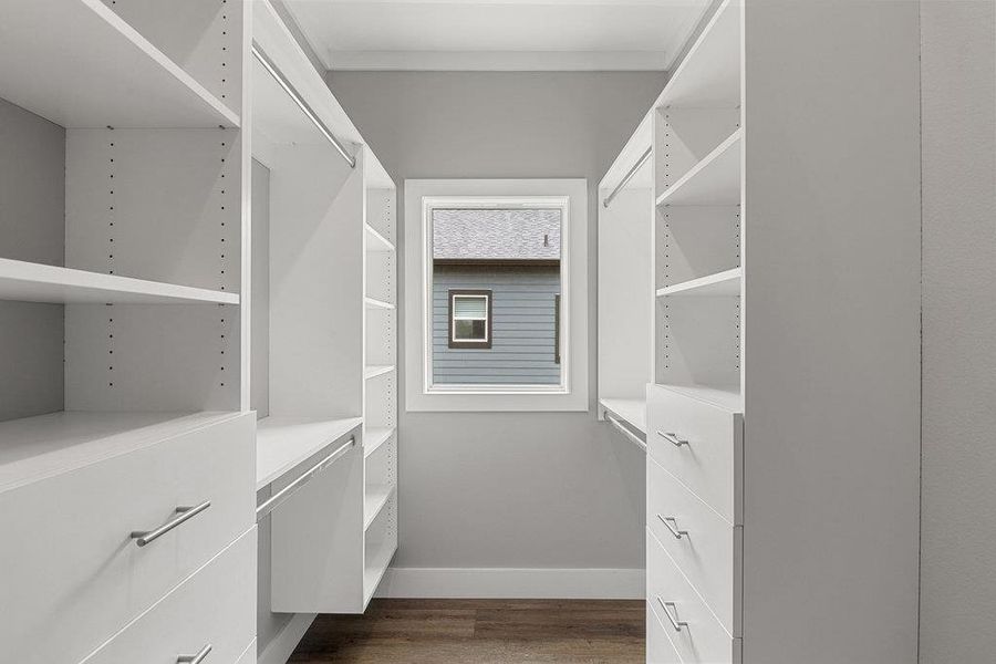 Walk in closet with dark wood-style flooring