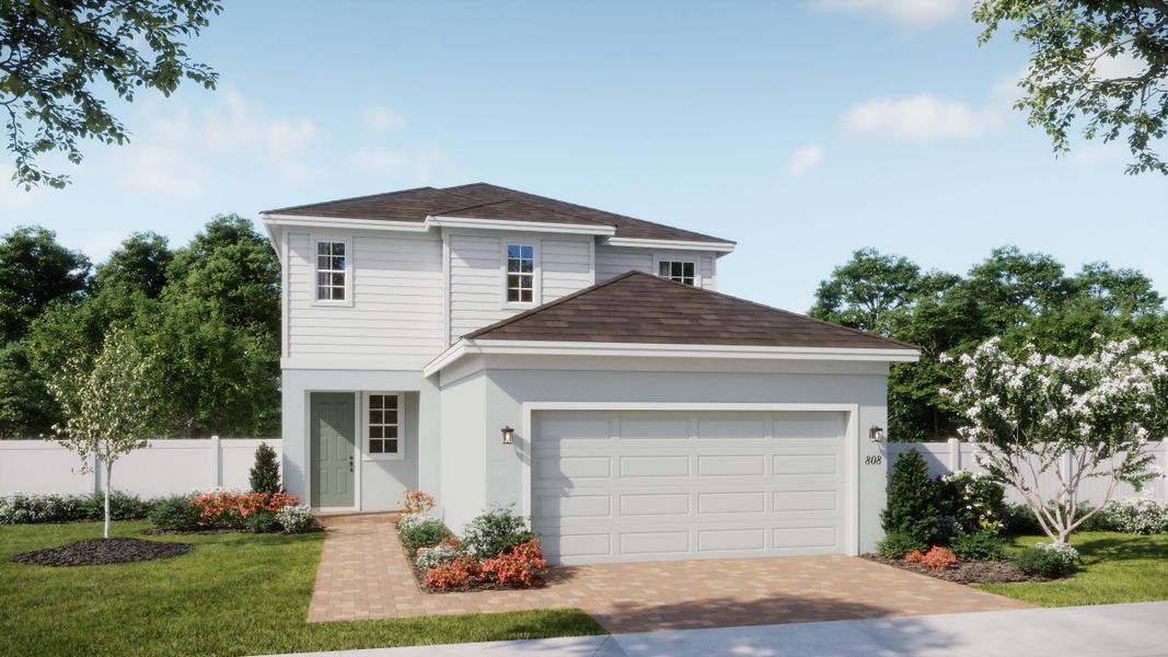 Representative exterior photo of a completed home built from the Destin by Risewell Homes in Beresford Woods, Deland, FL (Image 2). Representative exterior photo of a completed home built from the Destin by Risewell Homes in Beresford Woods, Deland, FL (Image 2).