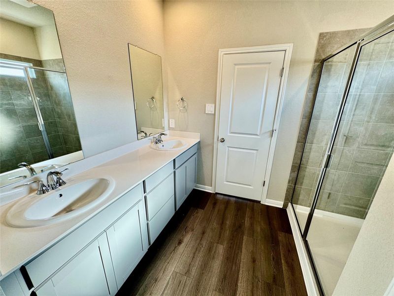 Bathroom featuring a shower stall, dark wood-style flooring, and double vanity Bathroom featuring a shower stall, dark wood-style flooring, and double vanity