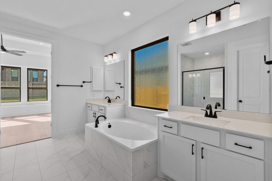 Primary Bath retreat with dual vanities & garden tub