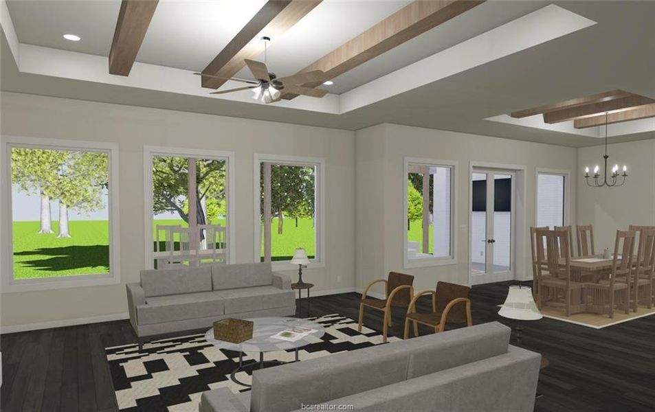 Living area with beamed ceiling, dark wood finished floors, french doors, recessed lighting, and a ceiling fan