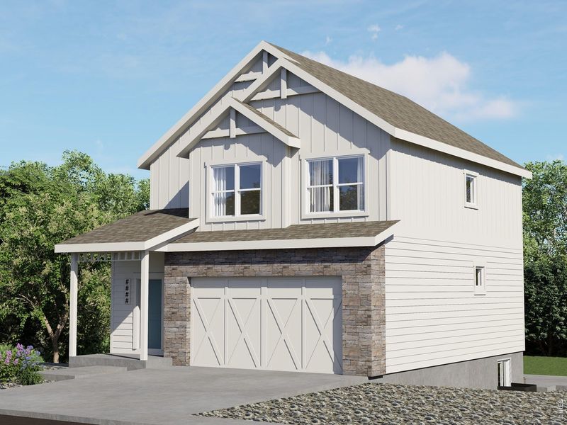Front exterior of a new home in Wilson Commons, Loveland, CO, highlighting curb appeal (Image 6). Front exterior of a new home in Wilson Commons, Loveland, CO, highlighting curb appeal (Image 6).