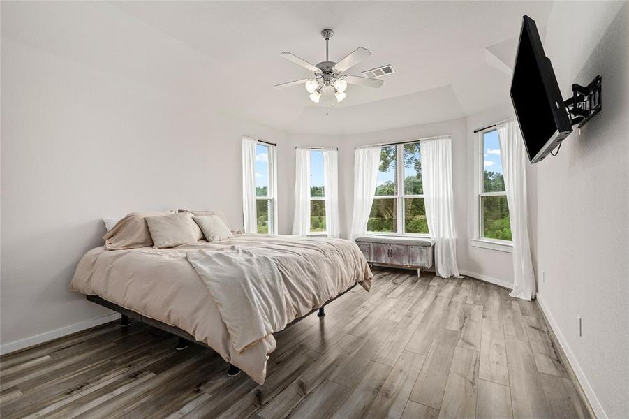 The primary bedroom is bright and airy featuring large bay windows with a pleasant view of the neighborhood lake and nature area.