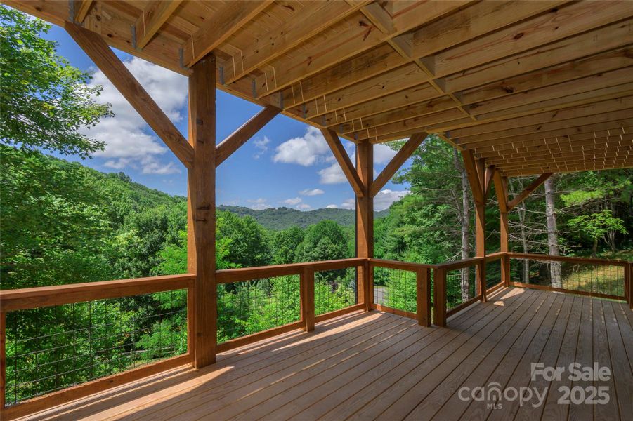 Over 1,200 square feet of outdoor space including main level porte-cochere, covered porches with majestic, private mountain & neighborhood pond views