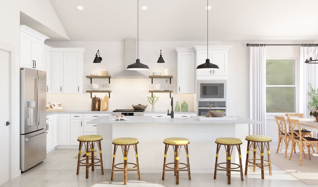 Kitchen with pendant lighting and floating shelves