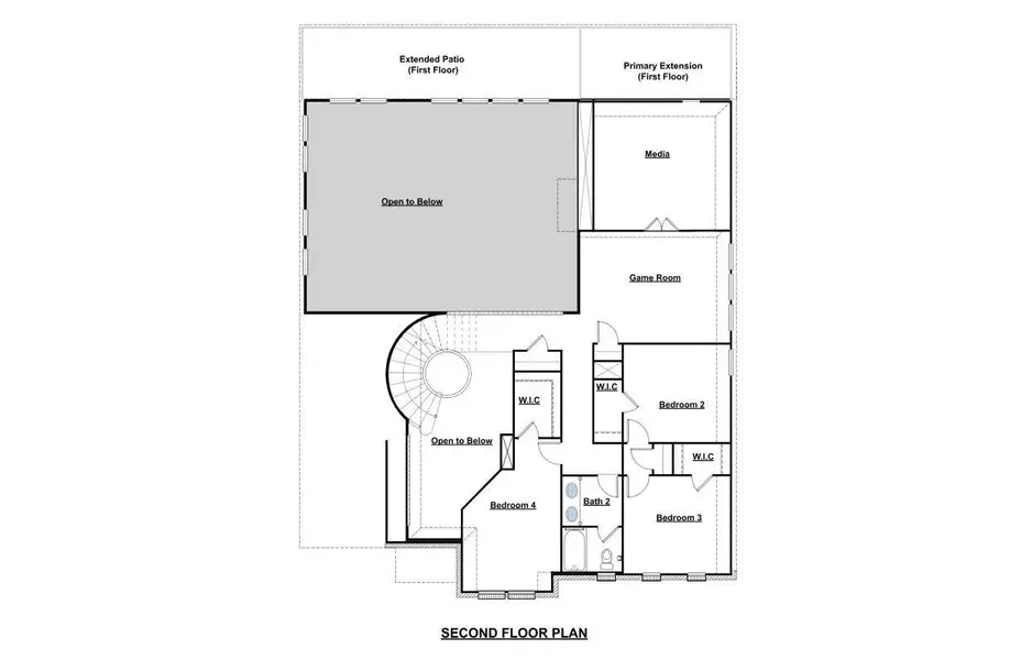 An organized second floor layout outlines multiple bedrooms, recreation spaces, and convenient walk-in closets.