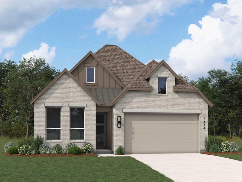 Front exterior of a new home in Evergreen, Conroe, TX, highlighting curb appeal (Image 1). Front exterior of a new home in Evergreen, Conroe, TX, highlighting curb appeal (Image 1).