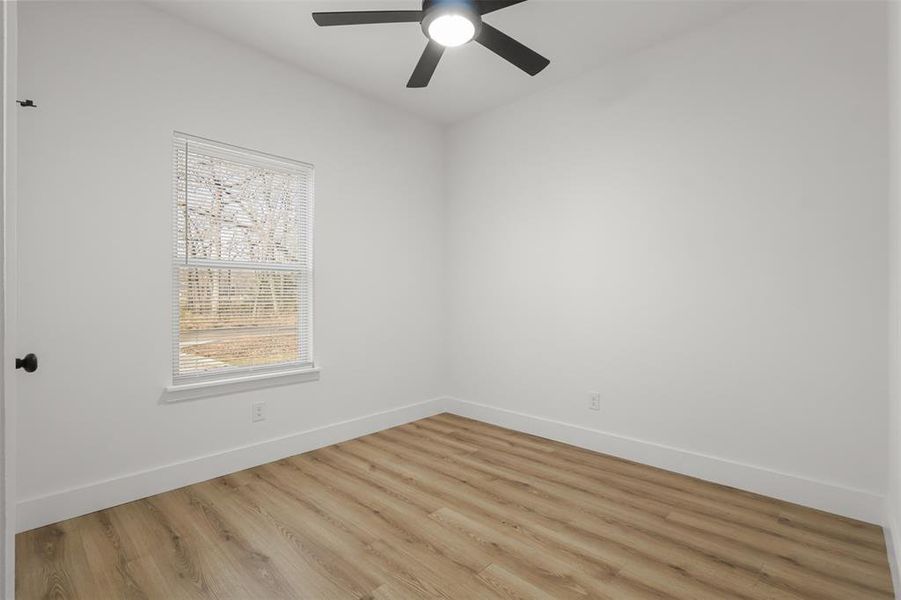 Unfurnished room with ceiling fan, light wood-type flooring, and a healthy amount of sunlight