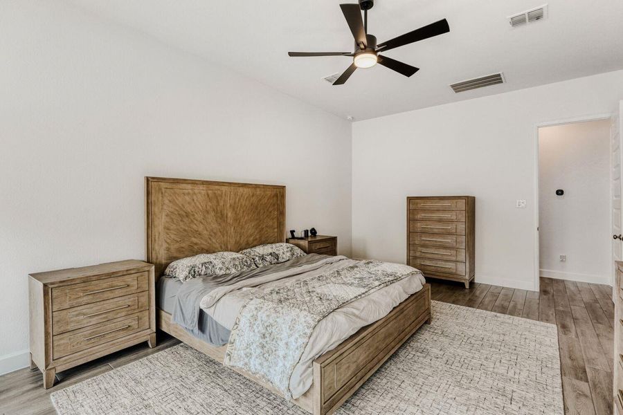 Bedroom with wood finished floors and a ceiling fan