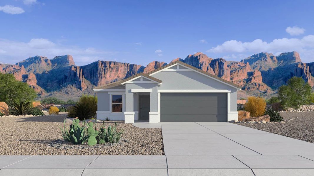 Front exterior of a new home in Magma Ranch Vistas, Florence, AZ, highlighting curb appeal (Image 1). Front exterior of a new home in Magma Ranch Vistas, Florence, AZ, highlighting curb appeal (Image 1).