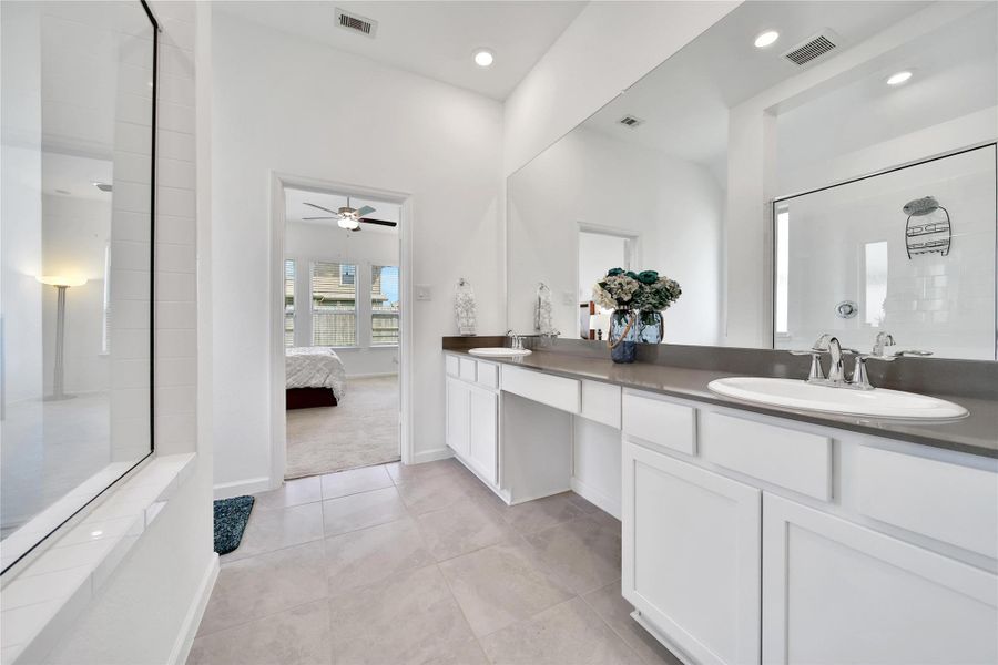 soaking tub just beyond the shower