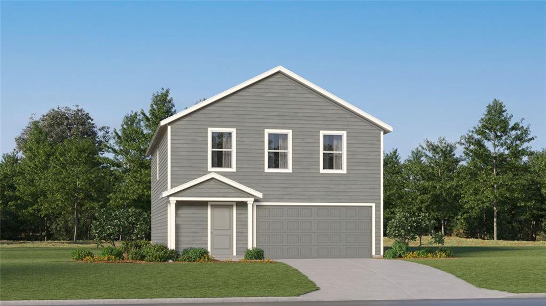 Two-story home with a gray siding exterior and white trim Two-story home with a gray siding exterior and white trim