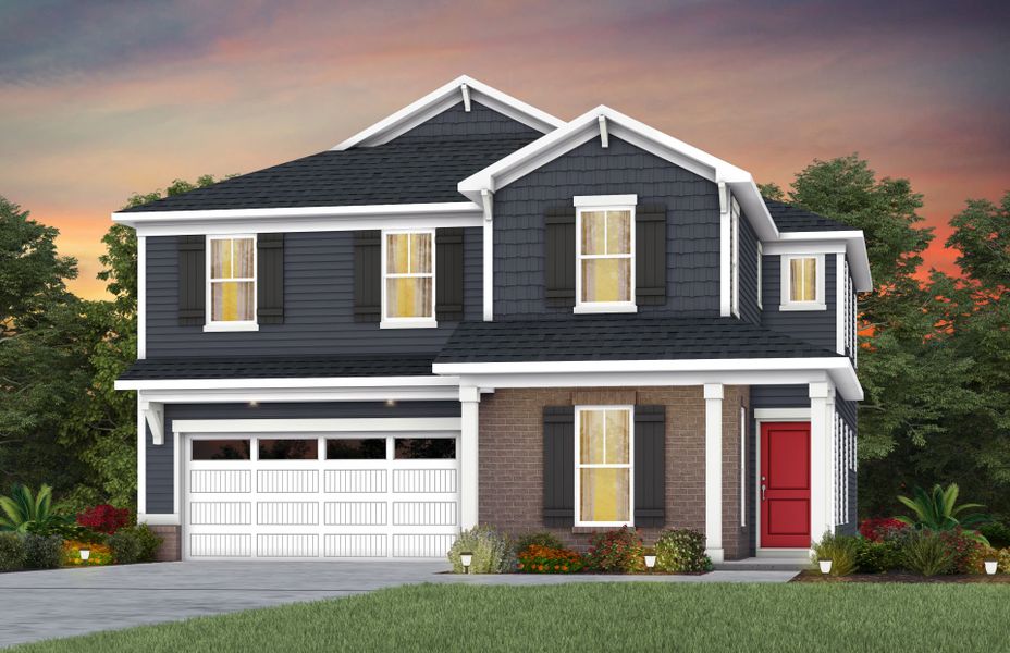 Front exterior of a new home in Elmbrook, Indian Trail, NC, highlighting curb appeal (Image 1). Front exterior of a new home in Elmbrook, Indian Trail, NC, highlighting curb appeal (Image 1).