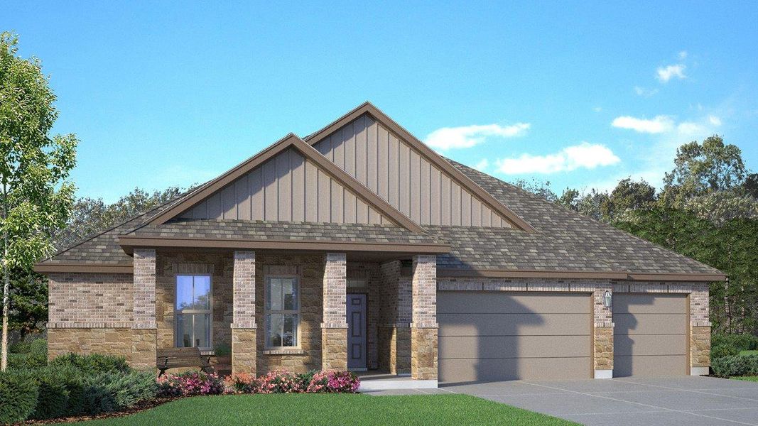 Front exterior of a new home in Country Meadows, Thorndale, TX, highlighting curb appeal (Image 1).