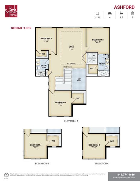 2D floor plan layout for the Ashford by Park Square Residential in Tamarack at Two Rivers, Zephyrhills, FL (Image 5).