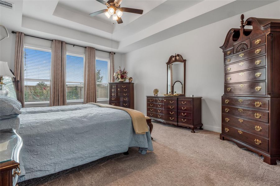 Primary Bedroom with carpet, ceiling fan, and a tray ceiling Primary Bedroom with carpet, ceiling fan, and a tray ceiling